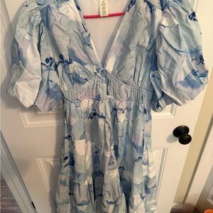 Blue and White Puff Sleeve Dress